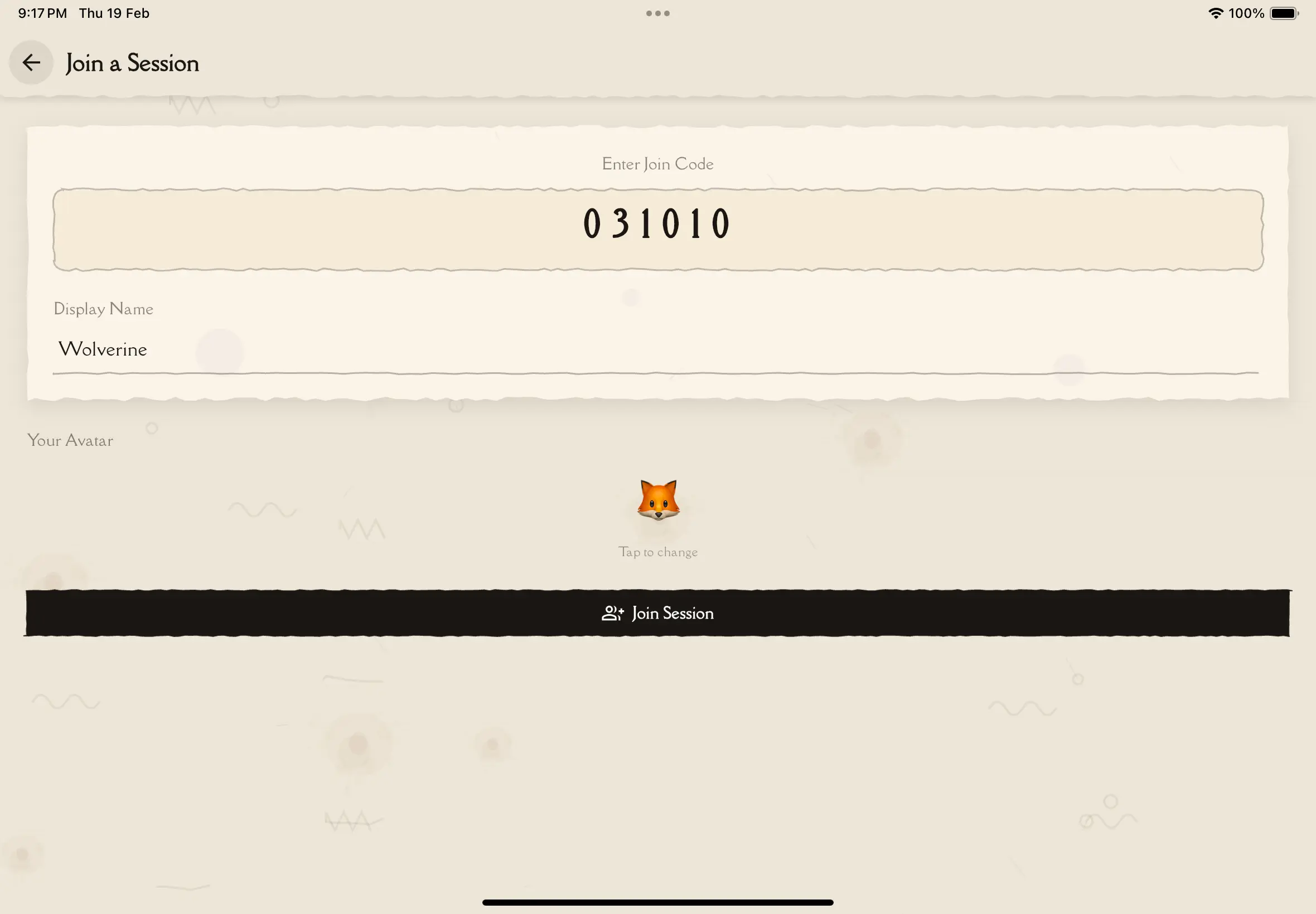 Join session screen with code entry and avatar picker
